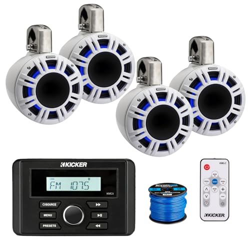 KICKER Marine Bluetooth AM/FM Stereo Receiver with 4X 8" 500W LED Tower Speakers White