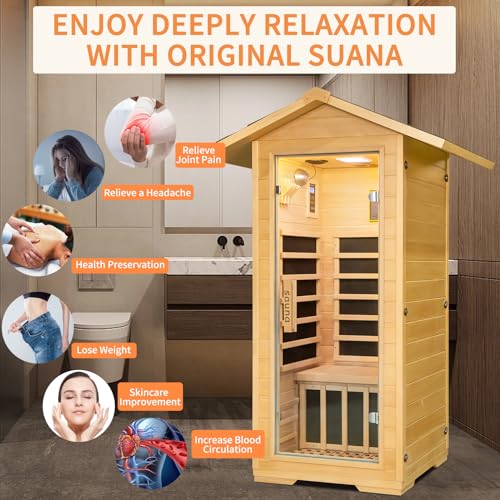 Zugoni 1 Person Outdoor Far Infrared Sauna Canadian Hemlock Wood Indoor Sauna 1400W with Speakers, LED Lamp, Clothing Hook, Cup Holder - Sauna Style