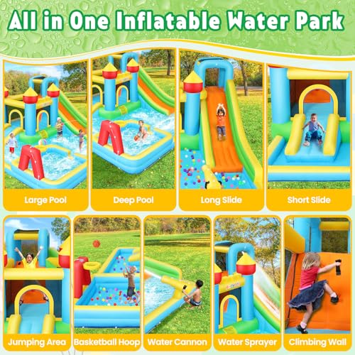 Whubefy Inflatable Water Slide Bounce House with Blower Red+Blue+Yellow