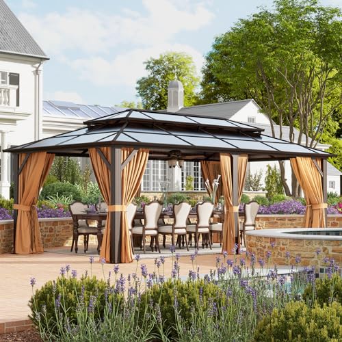 oneinmil 12'x20' Hardtop Gazebo with Netting and Curtains, Aluminum Frame, Heavy Duty Canopy for Patio, Backyard, Lawn Brown