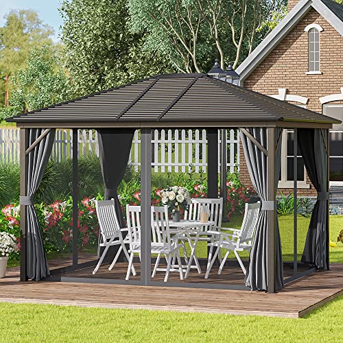 Outsunny 10' x 12' Hardtop Gazebo with Curtains and Netting Dark Gray