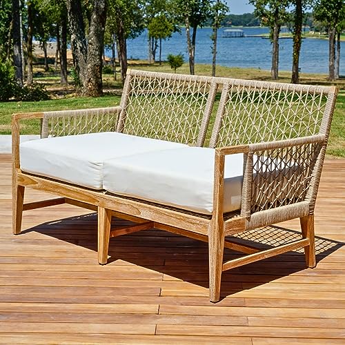Posh Pollen Premium Grade-A Teak Wood Outdoor Loveseat Sofa with Woven Rope White