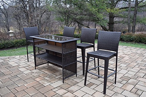 Oakland Living Ice Cooler Cart Elite All Weather Resin Wicker 5 Pc. Bar Set with 4 Bar Stools Coffee