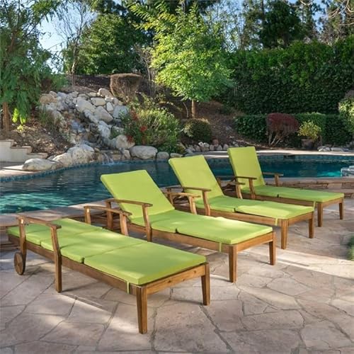 Great Deal Furniture Outdoor Teak Finish Chaise Lounge with Green Cushion - Set of 4