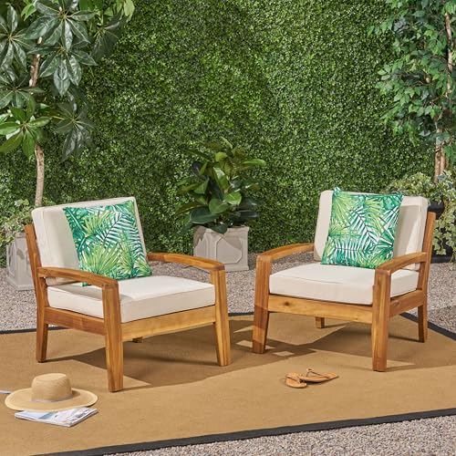 Christopher Knight Home Outdoor Acacia Wood Club Chairs with Cushions Set of 2 Teak Beige