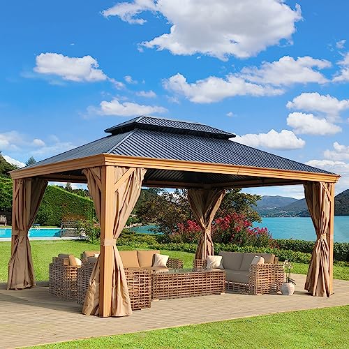Aoodor 12' x 16' Aluminum Gazebo with Wood Grain Finish, 2-Tier Black Steel Roof, Curtains, and Netting Black/Wood Like Frame