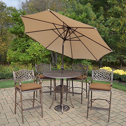 Oakland Living Elite Mississippi Bar Set with Table, Cushioned Stools, Umbrella & Stand Antique Bronze