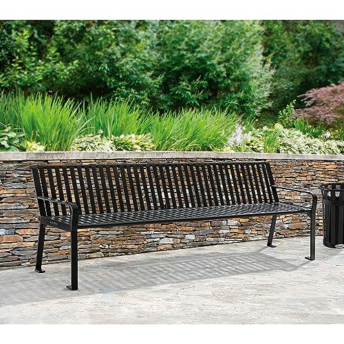 Global Industrial 8 ft. Outdoor Park Bench with Back, Vertical Steel Slat, Black