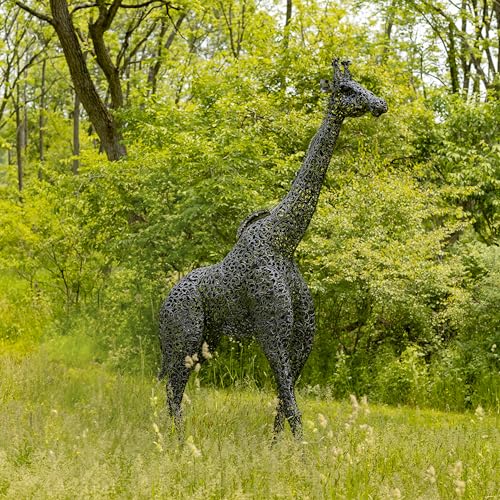 Zaer Ltd. 9 Ft Tall Mommy and 7 Ft Tall Baby Giraffe Iron Garden Statues Metallic Black and Silver