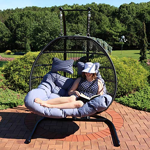Sunnydaze Liza Egg Chair Loveseat Black Wicker Frame with Gray Cushions