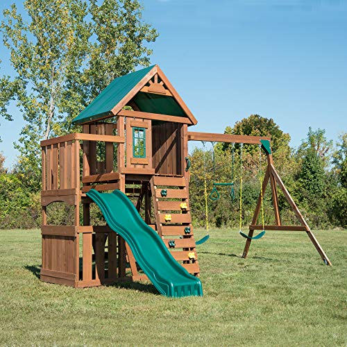 Swing-N-Slide Elkhorn Swing Set with Slide, Climbing Wall & Swings Wood