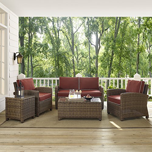 Crosley Furniture Bradenton 5-Piece Outdoor Loveseat Patio Furniture Set Brown with Sangria Cushions