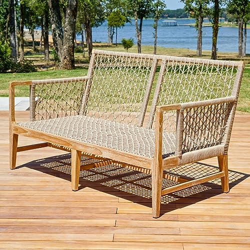 Posh Pollen Premium Grade-A Teak Wood Outdoor Loveseat Sofa with Woven Rope White