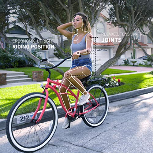 sixthreezero Women's Beach Cruiser Bike 21-Speed Step-Through Touring Hybrid Bicycle Coral w/ Black Seat/Grips