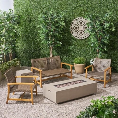 Noble House Augusta 5 Piece Outdoor Wood and Wicker Loveseat Set Mocha and Light Gray