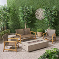 Noble House Augusta 5 Piece Outdoor Wood and Wicker Loveseat Set Mocha and Light Gray