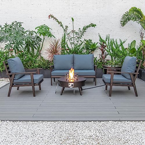 LeisureMod Walbrooke Modern Aluminum 5-Piece Patio Conversation Set with Firepit Table Navy Blue