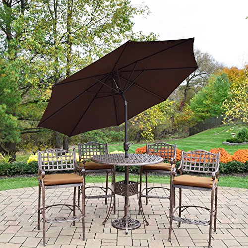 Oakland Living Elite Bar Set with Table, 4 Cushioned Stools, Umbrella & Stand Antique Bronze