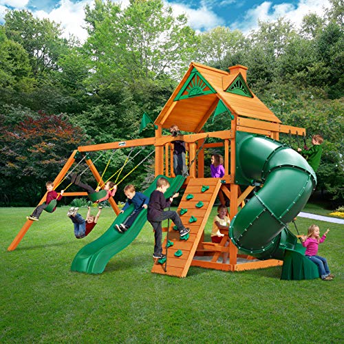 Gorilla Playsets Mountaineer Wooden Swing Set with Slides & Wood Roof Brown