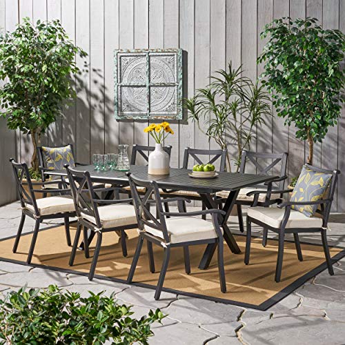 Christopher Knight Home Exuma 9-Pc Outdoor Cast Aluminum Dining Set with Expandable Table and Water Resistant Cushions Black/Ivory