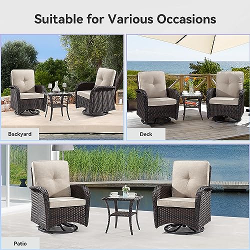 Gardenbee Patio Swivel Glider Wicker Chairs Set of 4 with 2 Side Tables Brown/Beige
