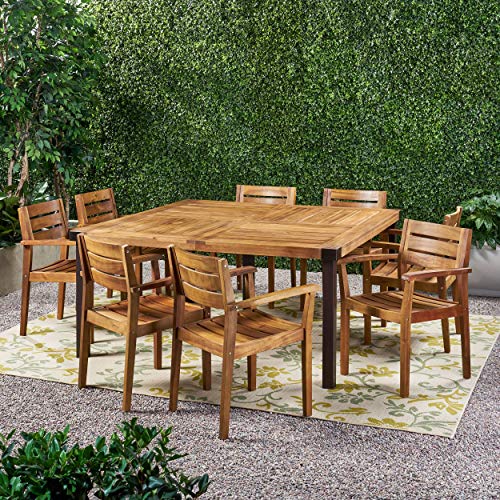 Great Deal Furniture GDFStudio Outdoor 8-Seater Acacia Wood Dining Set Teak Finish, Rustic Metal