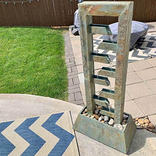 Sunnydaze 49-Inch Stacked Slate Outdoor Water Fountain Large Freestanding Waterfall Light Brown