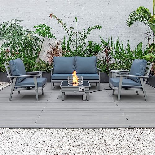 LeisureMod Walbrooke Modern Aluminum 5-Piece Patio Conversation Set with Fire Pit Table Navy Blue