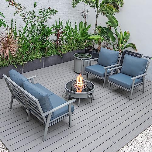 LeisureMod Walbrooke Modern Aluminum 5-Piece Patio Conversation Set with Firepit Navy Blue