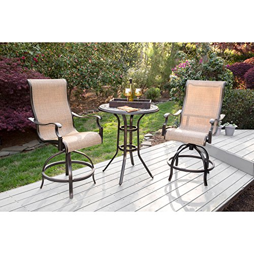 Hanover Manor 3-Piece Outdoor Dining Set with Sling Swivel Rockers and Bistro Table Tan/Bronze
