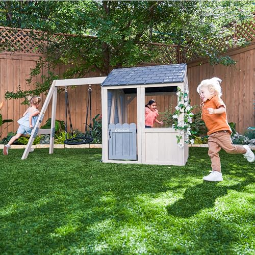 KidKraft Savannah Swing Wooden Outdoor Playhouse with Web Swing and Play Kitchen White/Gray