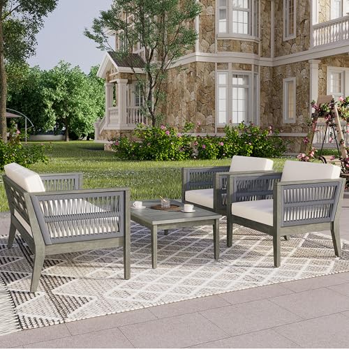 Christopher Knight Home 4-Piece Outdoor Acacia Wood Patio Set Grey+Beige