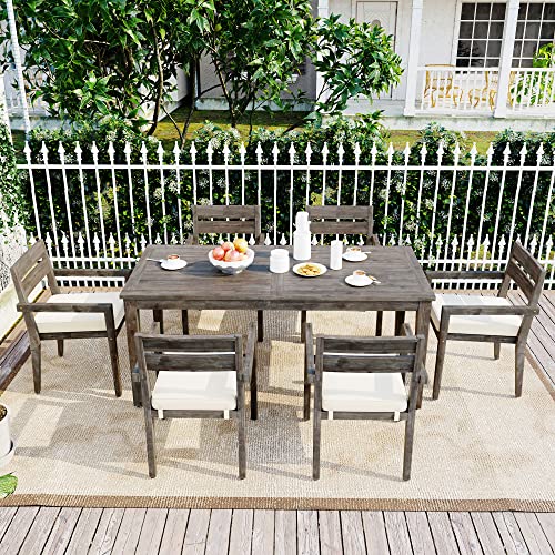 LOUHME 7-Piece Outdoor Patio Dining Table Set with Acacia Wood Table & Chairs Grey