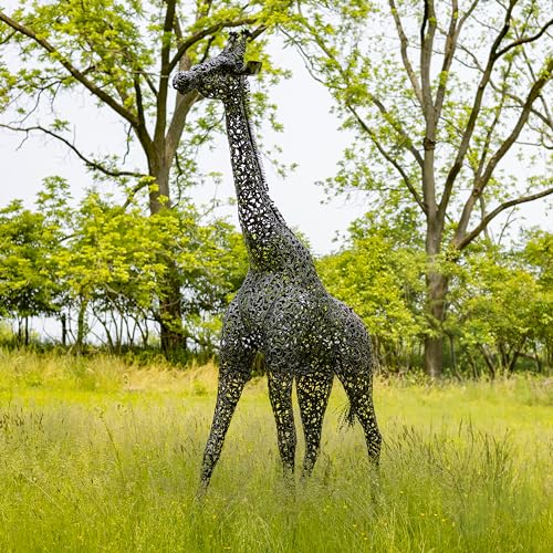 Zaer Ltd. 9 Ft Tall Mommy and 7 Ft Tall Baby Giraffe Iron Garden Statues Metallic Black and Silver