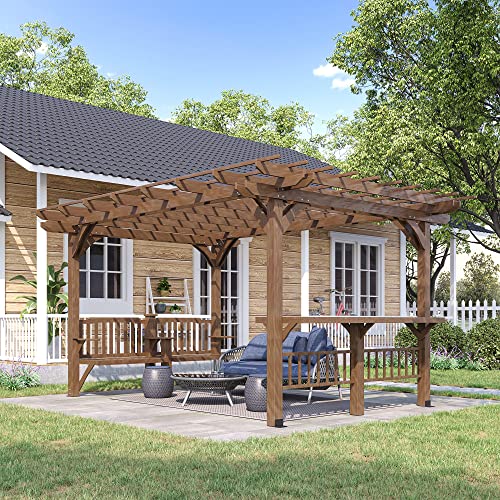 Outsunny 14' x 10' Outdoor Pergola Wooden Grill Gazebo with Bar Counters and Seating Benches Brown