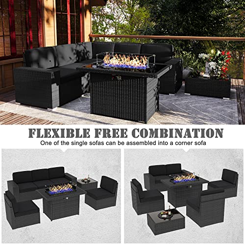 Vakollia 7-Piece Patio Furniture Set with 44" Propane Fire Pit Table, Outdoor Wicker Sofa Sets A2/Black-Black