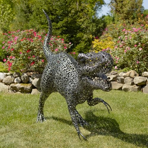 Zaer Ltd. 5.6 ft. Tall Crouching Tyrannosaurus Rex Outdoor Metal Statue "T-Bone" Metallic