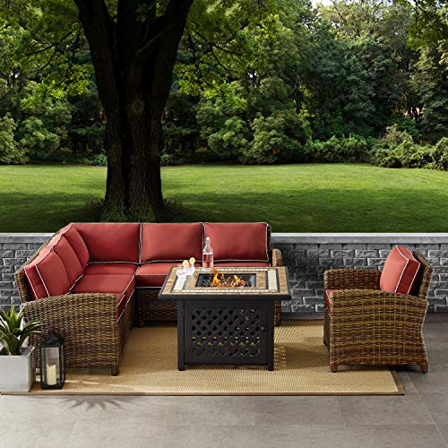 Crosley Furniture Bradenton 5-Piece Wicker Outdoor Sectional Sofa Set with Fire Pit Table Brown with Sangria Cushions