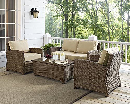 Crosley Furniture Bradenton 4-Piece Outdoor Loveseat Patio Furniture Set Brown with Sand Cushions