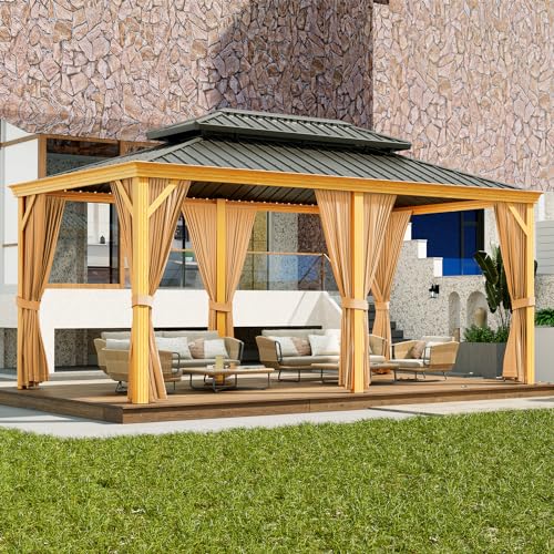 Euker 12x20 FT Outdoor Hardtop Gazebo Heavy-Duty Galvanized Steel Double Roof with Netting and Sunshade Curtains Wood Grain