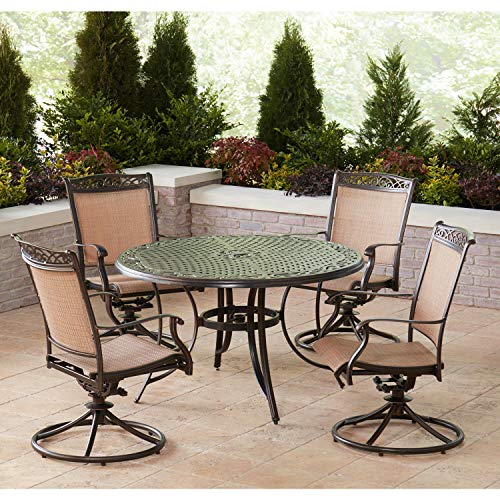 Hanover Fontana 5-Piece Patio Dining Set with Tan Sling Swivel Rocker Chairs and 48" Round Table