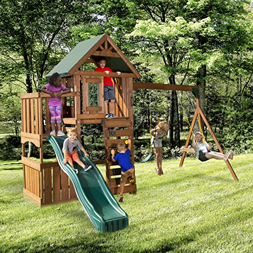 Swing-N-Slide Elkhorn Swing Set with Slide, Climbing Wall & Swings Wood