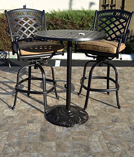 theWorldofpatio St. Augustine 3 Piece Cast Aluminum Bar Set with 30" Pedestal Table Antique Bronze
