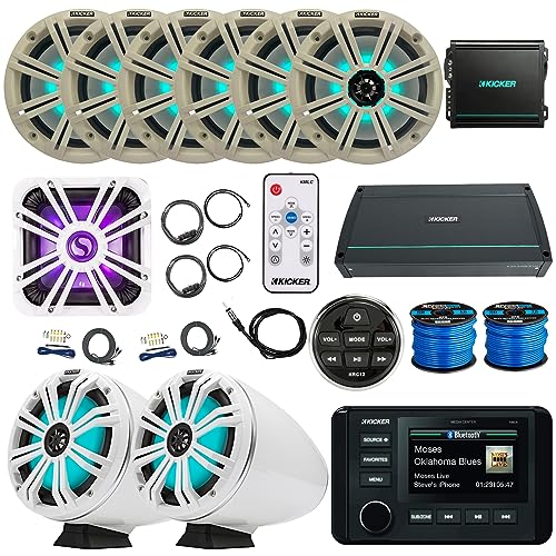 KICKER KMC4 Marine Bluetooth Receiver with 6x8" LED Speakers, 2x8" Tower Speakers, 10" Subwoofer & Amps