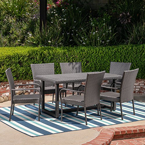 Christopher Knight Home Liam Outdoor 7 Piece Wicker Dining Set Grey