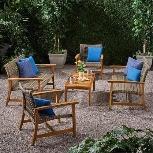 Noble House Hampton 5 Piece Outdoor Wood and Wicker Loveseat Set Grey