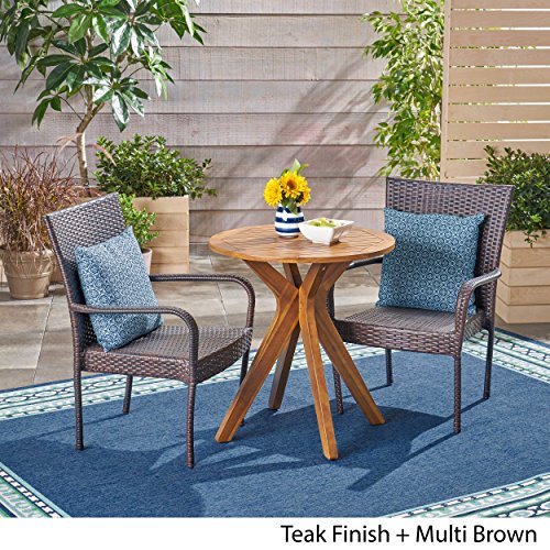 Great Deal Furniture GDFStudio Outdoor 3 Piece Acacia Wood and Wicker Bistro Set Teak Finish + Multi Brown