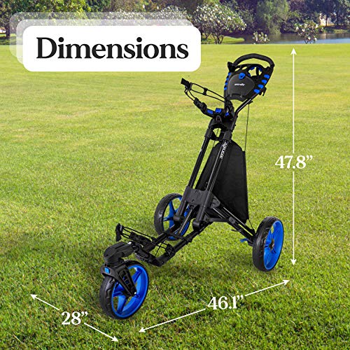 SereneLife 3 Wheel Golf Push Cart - Lightweight Folding Walking Push Cart Roller Golf Bag Holder with Brake, Bracket, and Storage - Assorted