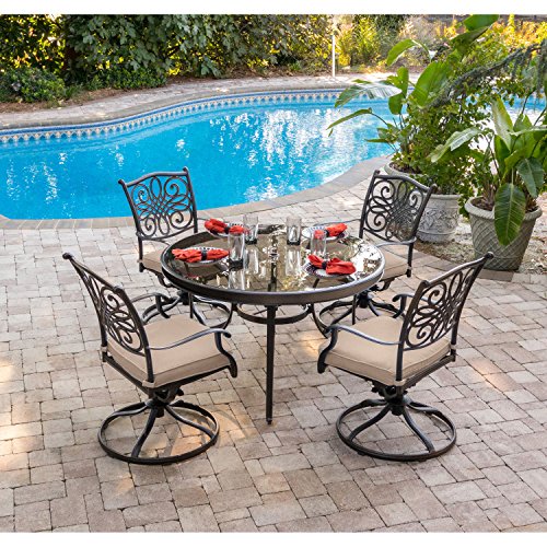 Hanover Traditions 5-Piece Outdoor Dining Set with Glass-Top Table and Swivel Rockers Tan