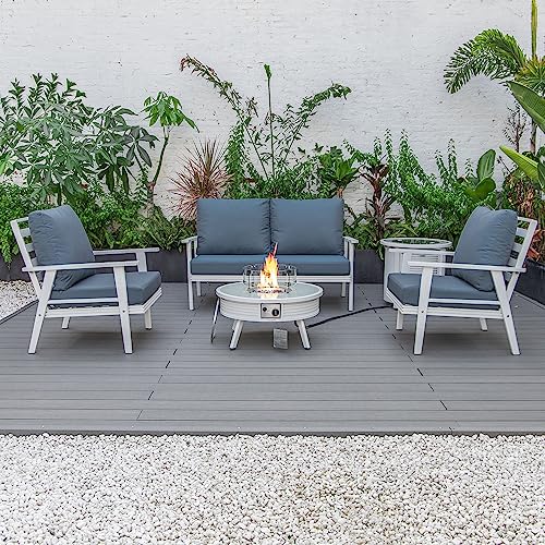 LeisureMod Walbrooke Modern Aluminum 5-Piece Patio Conversation Set with Fire Pit Navy Blue